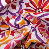 Polycotton printed earthenware pink, purple and mustard white background