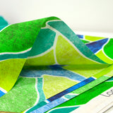 Green and blue printed polycoton printed