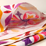 Polycotton printed earthenware pink, purple and mustard white background