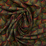 Peacock printed viscose in red, yellow and green dotted black background