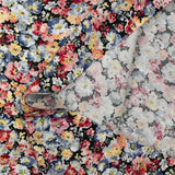 Viscose printed with bluish gray heather and wine lee black background
