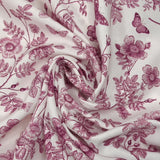 Viscose imprimée fleurs et papillons violet fond blanc