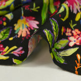 Viscose printed flowers and parrots on black background