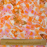 Viscose printed jacquard butterflies lilac and orange white background