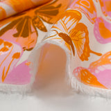 Viscose printed jacquard butterflies lilac and orange white background