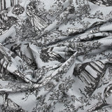 Toile de algodón estampado de Jouy Maël negro fondo gris azulado