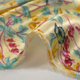 Satin de soie et viscose imprimé oiseaux fond jaune beurre