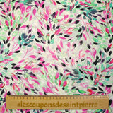Viscose imprimée encre de feuilles turquoise et rose fond blanc