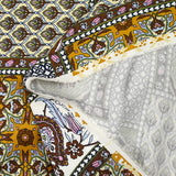 Estampado patchwork de raso de viscosa con adornos en marrón, verde manzana y ocre