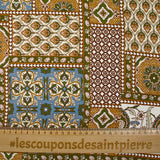 Satin de viscose imprimé patchwork ornement ocre, bleu barbeau et kaki