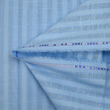 Cotton linen striped golden Lurex sky blue background