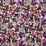 Viscose printed with purple, fuchsia and brown Ornella flowers