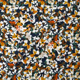 Viscosa estampada con flores de Ornella en naranja quemado, pato y azul marino