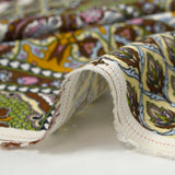 Estampado patchwork de raso de viscosa con adornos en marrón, verde manzana y ocre