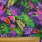 Coton imprimé jungle florale violet fond bleu nuit