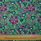 Coton imprimé explosion retro vert d'eau, violet et ciel