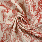 Double gaze imprimée toile de Jouy jungle rouge fond écru