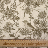 Double gaze imprimée toile de Jouy oiseaux taupe fond écru