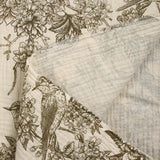 Double gaze imprimée toile de Jouy oiseaux taupe fond écru