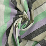Lin viscose rayé vert d'eau, mauve et grège fond blanc cassé