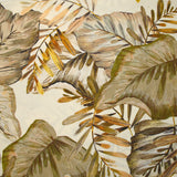 Viscosa natural estampada en hojas marrones y amarillas sobre fondo crudo.