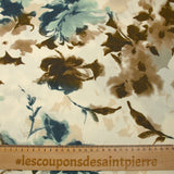 Viscose imprimée encre de fleurs bleu et marron fond écru