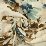 Viscose imprimée encre de fleurs bleu et marron fond écru