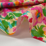 Popeline de coton imprimée valse florale fuchsia et vert fond ficelle