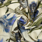Viscose imprimée tulipes entremêlées bleu fond écru