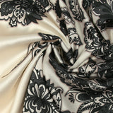 Cashmere printed polyester satin in anthracite frieze with ecru background