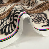 Cashmere printed polyester satin in anthracite frieze with ecru background