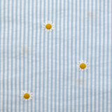 Dyed woven cotton embroidered daisy white and sky blue striped background