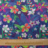 Coton imprimé nature en fleurs indigo fond bleu nuit