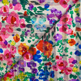 Printed muslin satin band Flora pink, purple and green white background