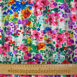 Printed muslin satin band Flora pink, purple and green white background