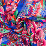 Printed muslin satin band carnival of flowers blue background