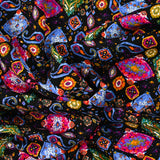 Viscose imprimée cachemire fuchsia et bleu fond noir