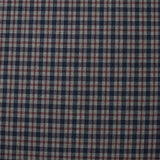 Woven-dyed polycotton with navy and dark burgundy checks on a mottled gray background