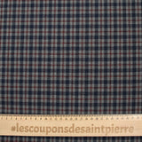 Woven-dyed polycotton with navy and dark burgundy checks on a mottled gray background