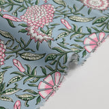 Cotton poplin digitally printed floral bohemian pink background smoky blue