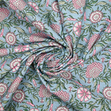 Cotton poplin digitally printed floral bohemian pink background smoky blue