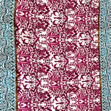 Viscose imprimée éclat d’orient fuchsia et turquoise fond écru