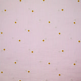 Coton tissé teint brodé marguerite fond rayé blanc et rose