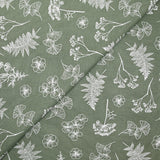 Cotton poplin printed with white botanical herbarium on a sage green background