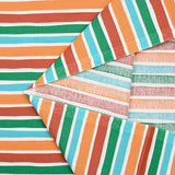 Cotton poplin printed with orange, green and turquoise deckchair stripes