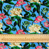 Maille velours imprimé botanique fond bleu turquoise