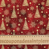 Popeline de coton imprimée sapins dorés fond marbré rouge