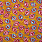 Coton imprimé ethnique Kampen fuchsia et turquoise fond jaune
