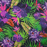 Coton imprimé jungle florale violet fond bleu nuit
