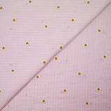 Coton tissé teint brodé marguerite fond rayé blanc et rose